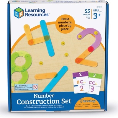 Caixa do conjunto Learning Resources Number Construction Set com peças coloridas para construir números.