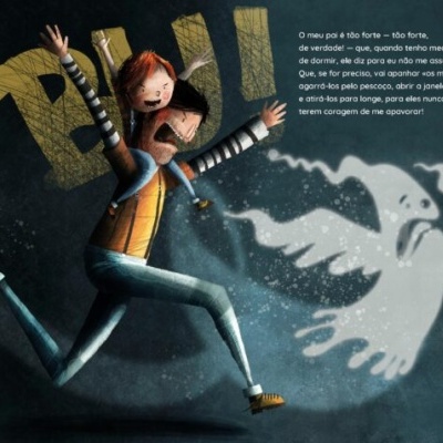 Ilustração de personagens animados a correr com uma sombra fantasmagórica branca em fundo escuro.