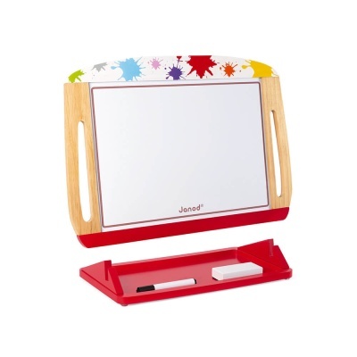 Quadro branco de escrita com moldura em madeira e suporte vermelho