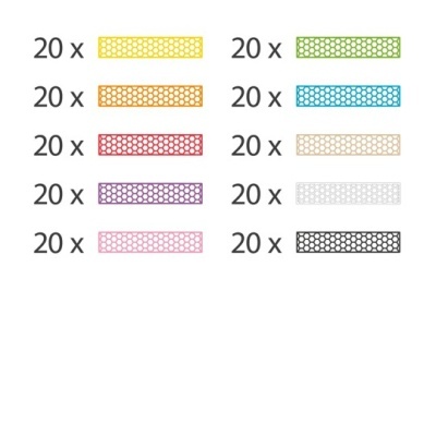 Caixas retangulares coloridas com padrão de bolinhas e texto '20 x' ao lado