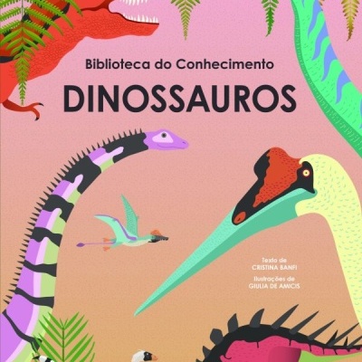 Capa de livro sobre dinossauros com ilustrações coloridas