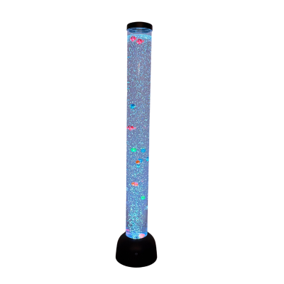 Coluna decorativa transparente com bolhas e peixes coloridos iluminada