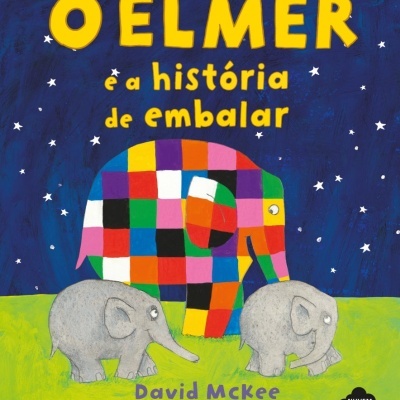 Capa de livro infantil com elefantes colorido e cinzentos e texto com título e autor