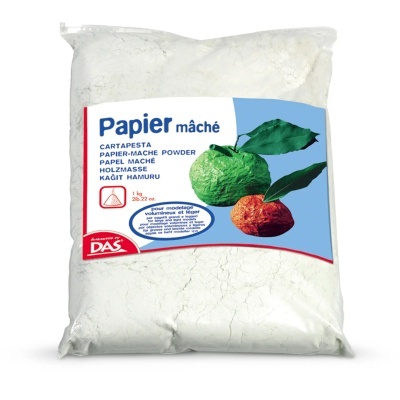 Pacote plástico de pó branco Papier mâché com rótulo azul, branco e vermelho com imagens de frutas de papier mâché.