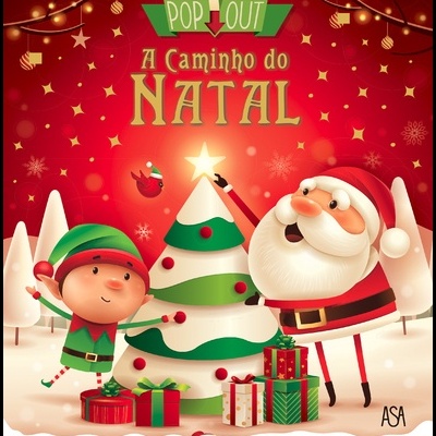 Capa de livro com Papai Noel, elfo e árvore de Natal decorada em fundo vermelho natalício