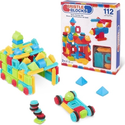 Brinquedos de construção Bristle Blocks coloridos com 112 peças em caixa