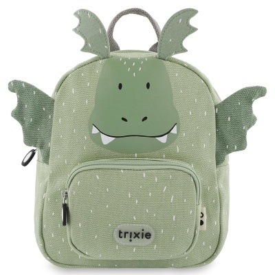 Mochila infantil verde com design de dragão e bolso frontal