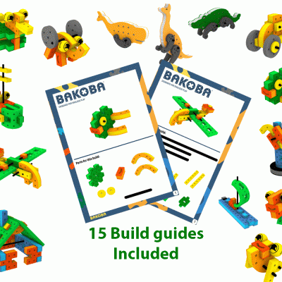 Peças de construção coloridas e guias de montagem BAKOBA