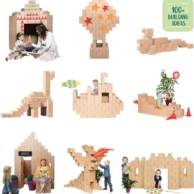 Blocos de construção de madeira naturais para crianças com várias formas e padrões, várias construções criativas e crianças a brincar