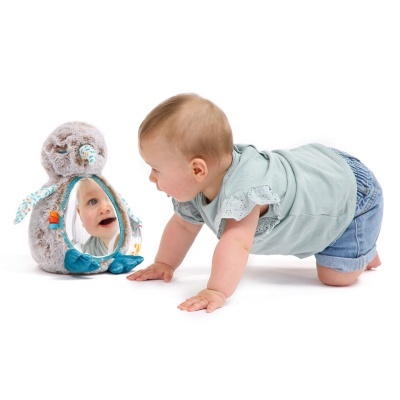 Bebé a olhar para brinquedo de pelúcia com espelho redondo