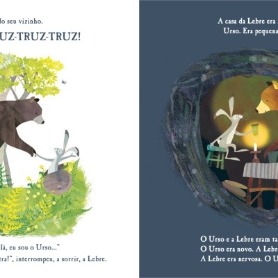 Ilustrações de um urso e um coelho com texto em português, em cenário natural e buraco escuro.
