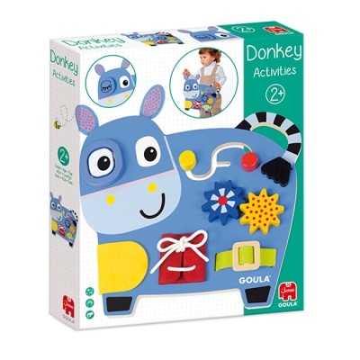 Brinquedo educativo de burro azul com atividades manuais para crianças 2+