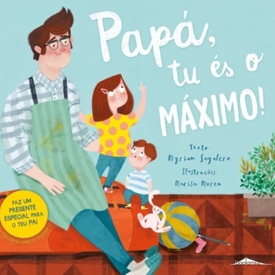 Capa de livro infantil colorida com homem e duas crianças, texto em português e selo amarelo