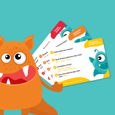 Cartões educativos coloridos com exercícios de português sobre rimas