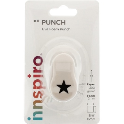 Furador de espuma EVA branco com estrela preta, embalagem branca com texto