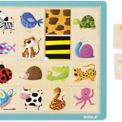 Quebra-cabeças de madeira infantil com animais coloridos e peças removíveis
