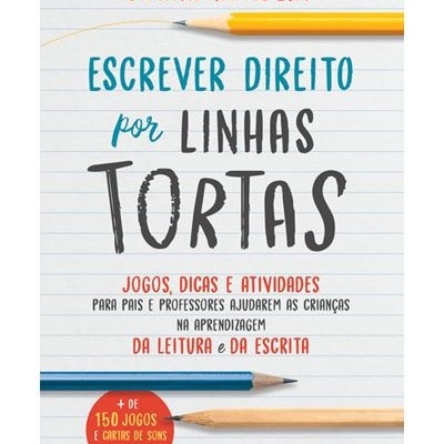 Capa de livro 'Escrever Direito por Linhas Tortas' com lápis coloridos e texto informativo.