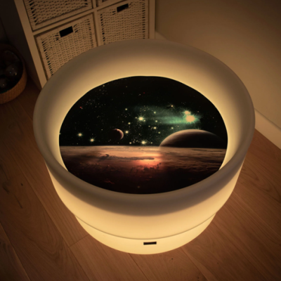 Lâmpada de mesa branca redonda com imagem espacial no topo