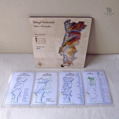 Conjunto de mapas geográficos de Portugal com relevo e hidrografia em mesa clara
