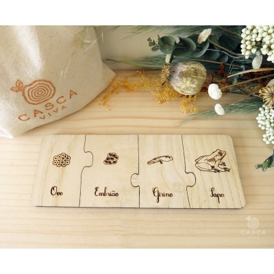 Quebra-cabeças de madeira com ilustrações do ciclo de vida do sapo em quatro peças.