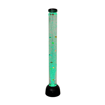 Tubo decorativo transparente com bolhas azuis e base preta