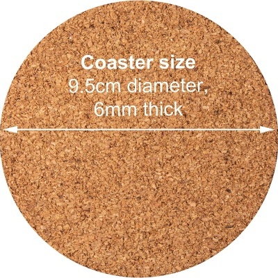 Suporte redondo de cortiça com texto de tamanho e espessura