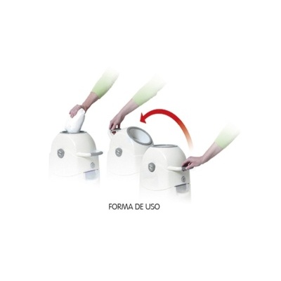 Utensílio de cozinha branco com tampa móvel e alavanca, com instruções de uso visíveis.