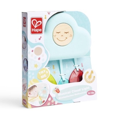 Brinquedo musical em forma de nuvem azul claro com sinos coloridos na embalagem