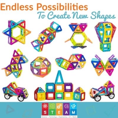 Brinquedos magnéticos de construção coloridos em várias formas e figuras, texto 