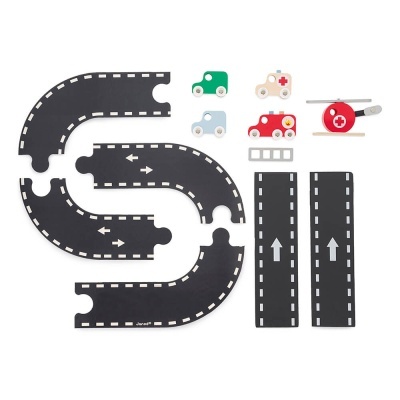 Peças de madeira para montar estradas e veículos em várias cores