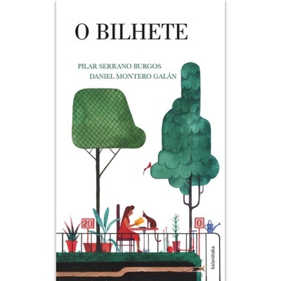 Capa do livro O Bilhete com ilustração de árvore, pessoa e gato