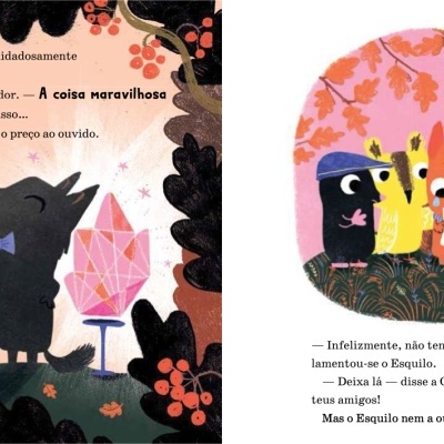 Páginas de livro infantil com texto e ilustrações de animais coloridos
