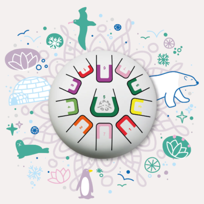 Botão com diagrama colorido e animais árticos desenhados ao fundo