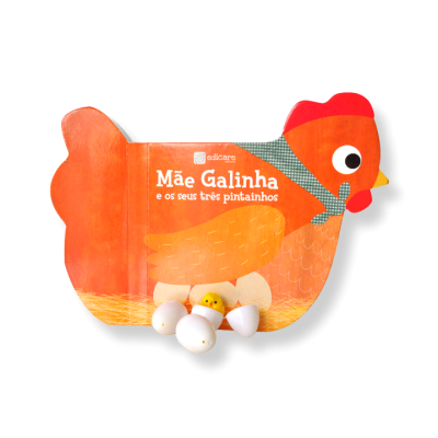 Livro infantil em forma de galinha laranja com título e pintainho amarelo com ovos.