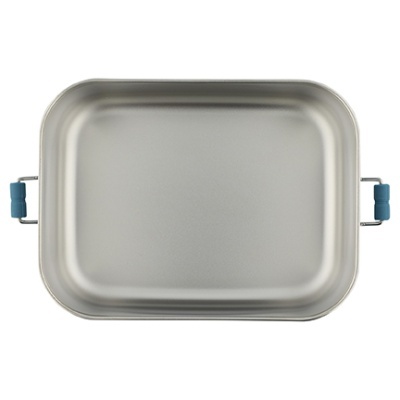 Tabuleiro retangular de metal prateado com pegas azuis