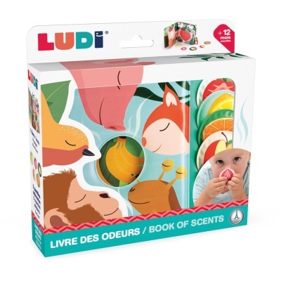 Livro de cheiros infantil colorido LUDI com ilustrações de animais e frutas para crianças a partir de 12 meses