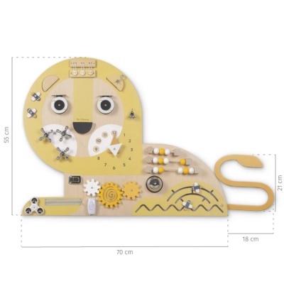 brinquedo amarelo educativo em forma de leão com elementos interativos