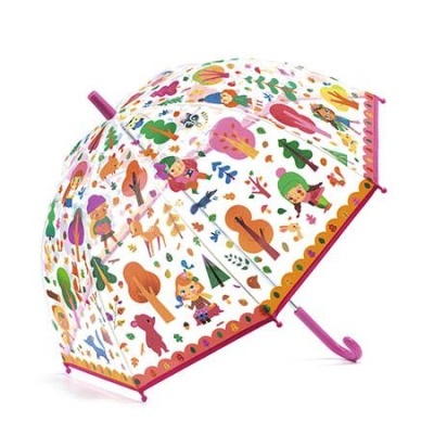 Guarda-chuva transparente com desenhos coloridos e cabo rosa