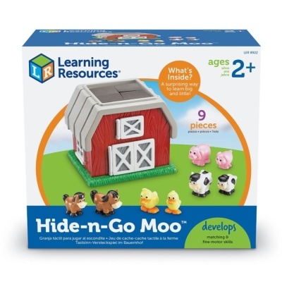 Caixa de brinquedo educativo Hide-n-Go Moo com celeiro vermelho e branco e 9 peças de animais para crianças a partir de 2 anos.