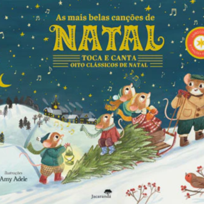 Capa de livro com ratos na neve transportando uma árvore de Natal