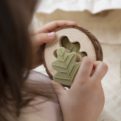 Brinquedo de madeira com peça verde em forma de folha sendo encaixada por criança