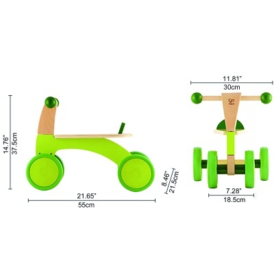 Carrinho de passeio infantil verde de madeira com dimensões