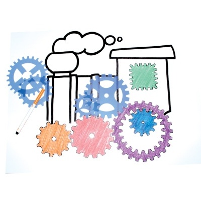 Peças de stencil coloridas para desenho industrial sobre papel branco