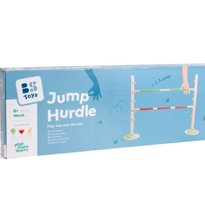 Caixa de brinquedo Jump Hurdle com barras para salto e design azul.
