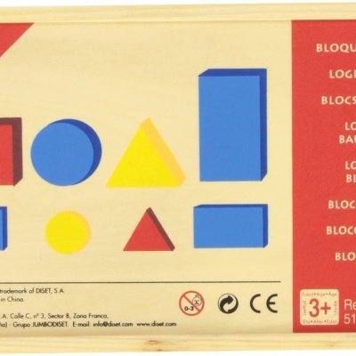 Caixa de blocos lógicos coloridos de madeira, 48 peças, várias formas geométricas, embalagem com texto em várias línguas