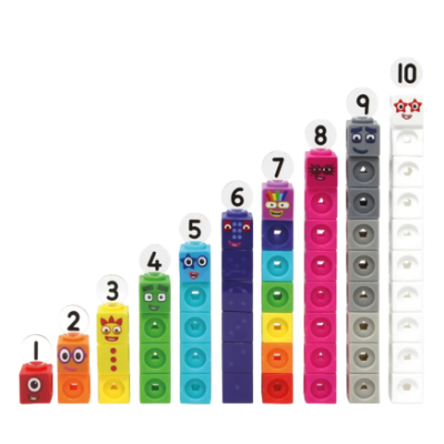 Conjunto de blocos coloridos numerados de 1 a 10 com expressões faciais