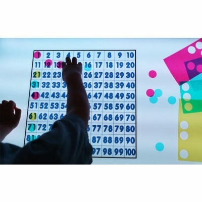 Tabuleiro numérico de 1 a 100 com círculos coloridos e mãos de criança a interagir