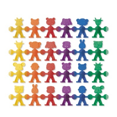 Figuras coloridas em forma de animais e pessoas unidas pelas mãos