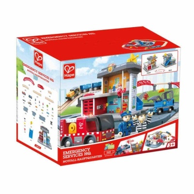 Embalagem de brinquedo de madeira Posto de Serviços de Emergência Hape com figuras e veículos em várias cores