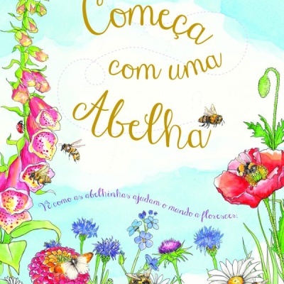 Ilustração de flores e abelhas com texto em dourado e azul